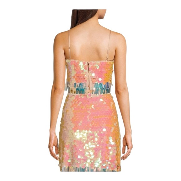 Skies are Blue Peach Silver Sequin Fringe Hem Mini A Line Skirt Disc Party NEW - Picture 3 of 14